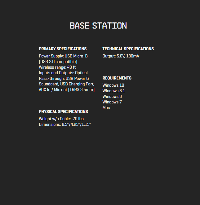 Specifications - Astro - A50 Wireless Headset + Base Station