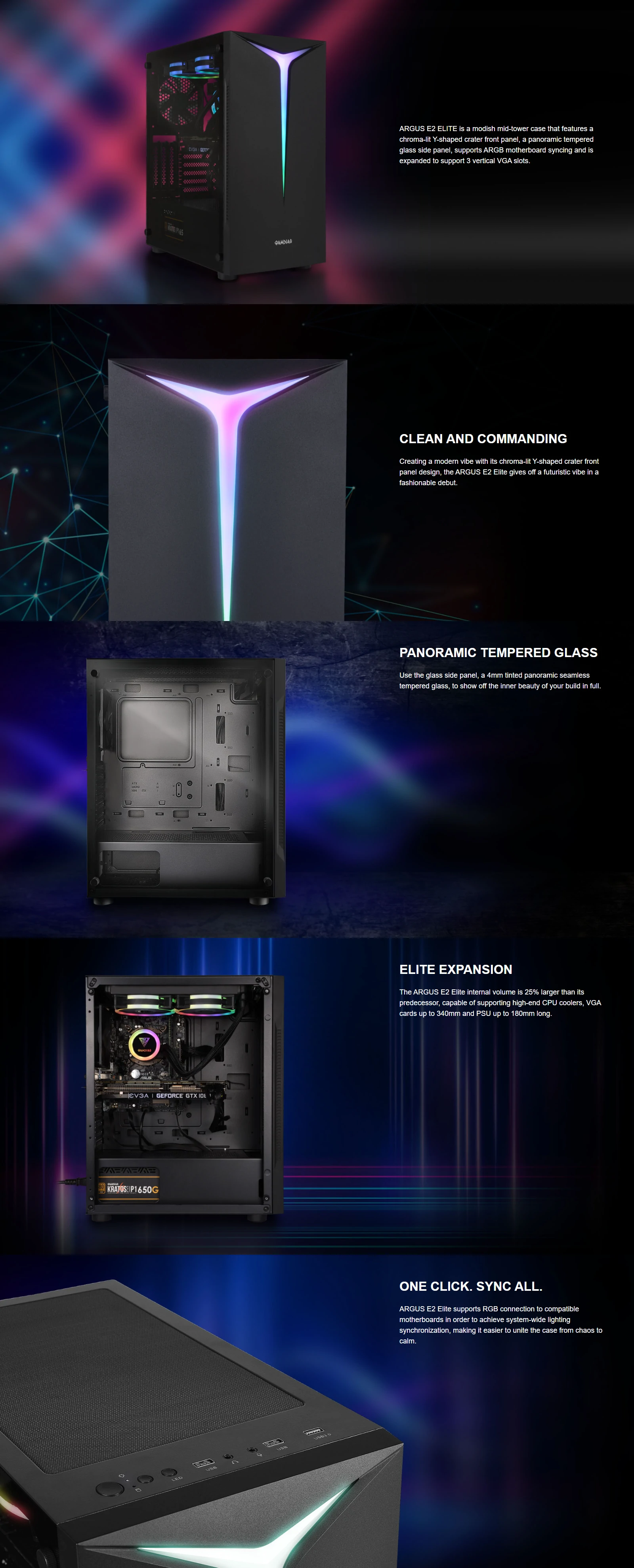Overview - Gamdias - Argus E2 Elite - Tempered Glass RGB Mid-Tower Chassis