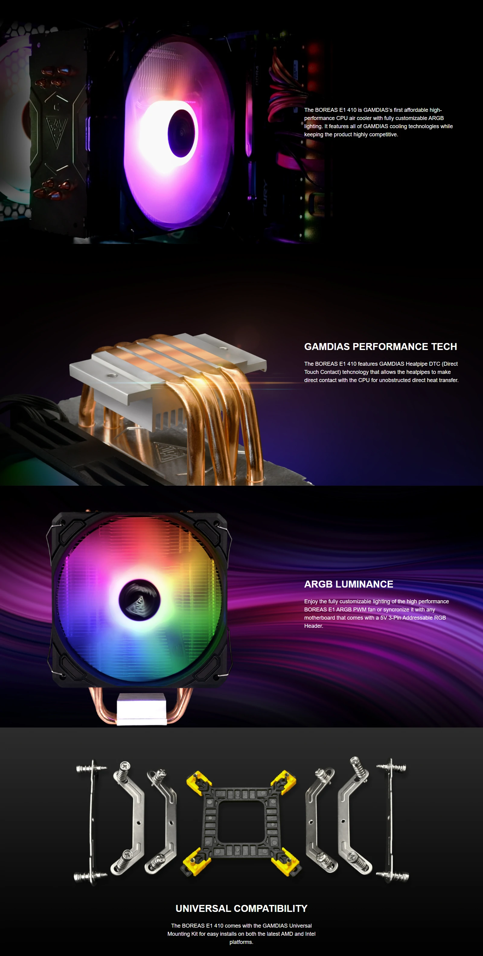 Overview - Specifications - Gamdias - Boreas E1-410 ARGB CPU Cooler