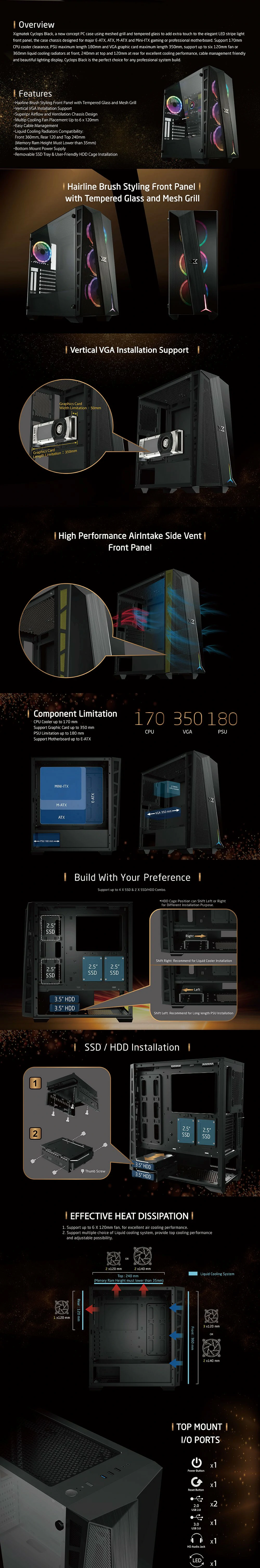Overview - Specifications - Xigmatek - Cyclops - Black Tempered Glass ARGB Mid Tower Chassis