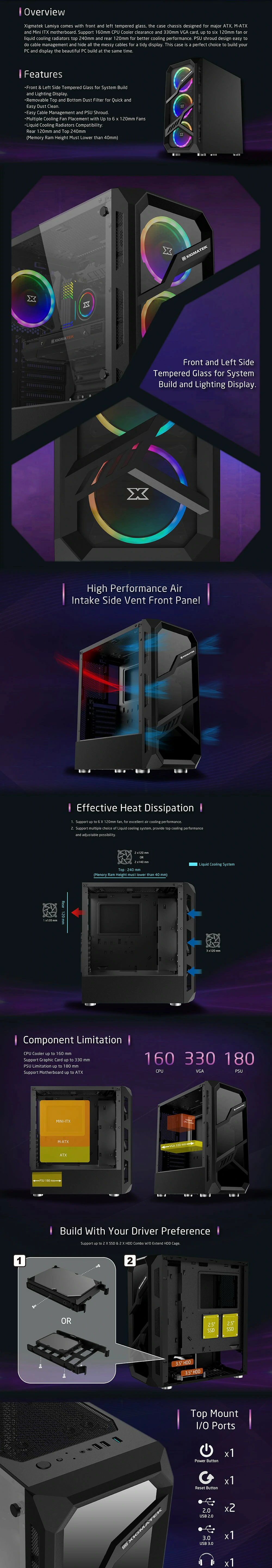 Overview - Specifications - Xigmatek - Lamiya - Tempered Glass ARGB Mid Tower Chassis