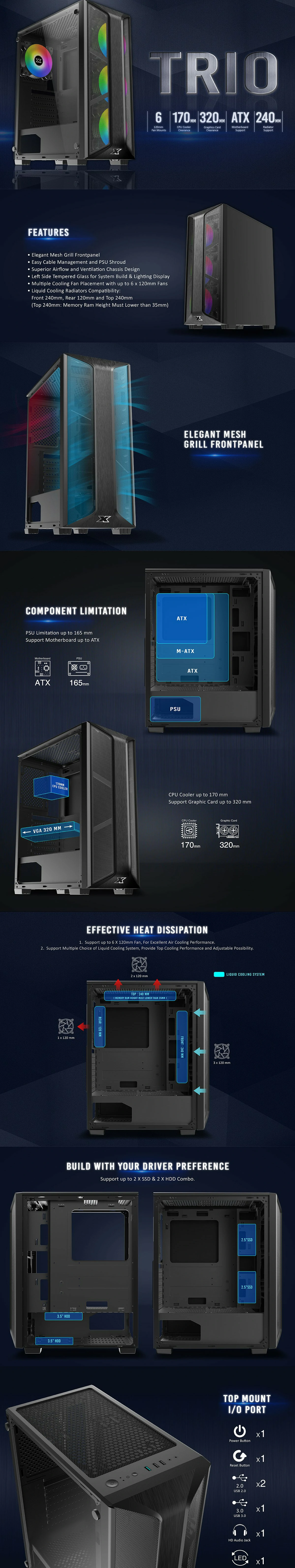 Overview - Specifications - Xigmatek - Trio - Tempered Glass ARGB Mid Tower Chassis