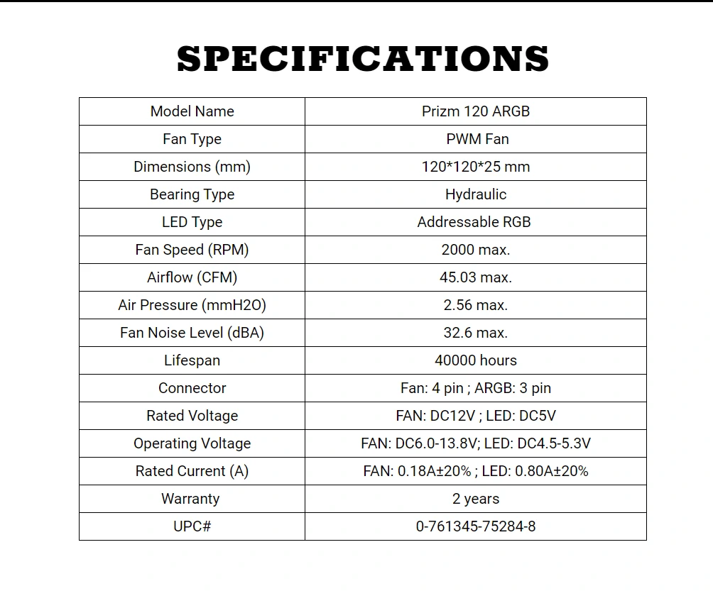 Specification - Antec - Prizm 120 ARGB 120mm Dual Ring Case Fan