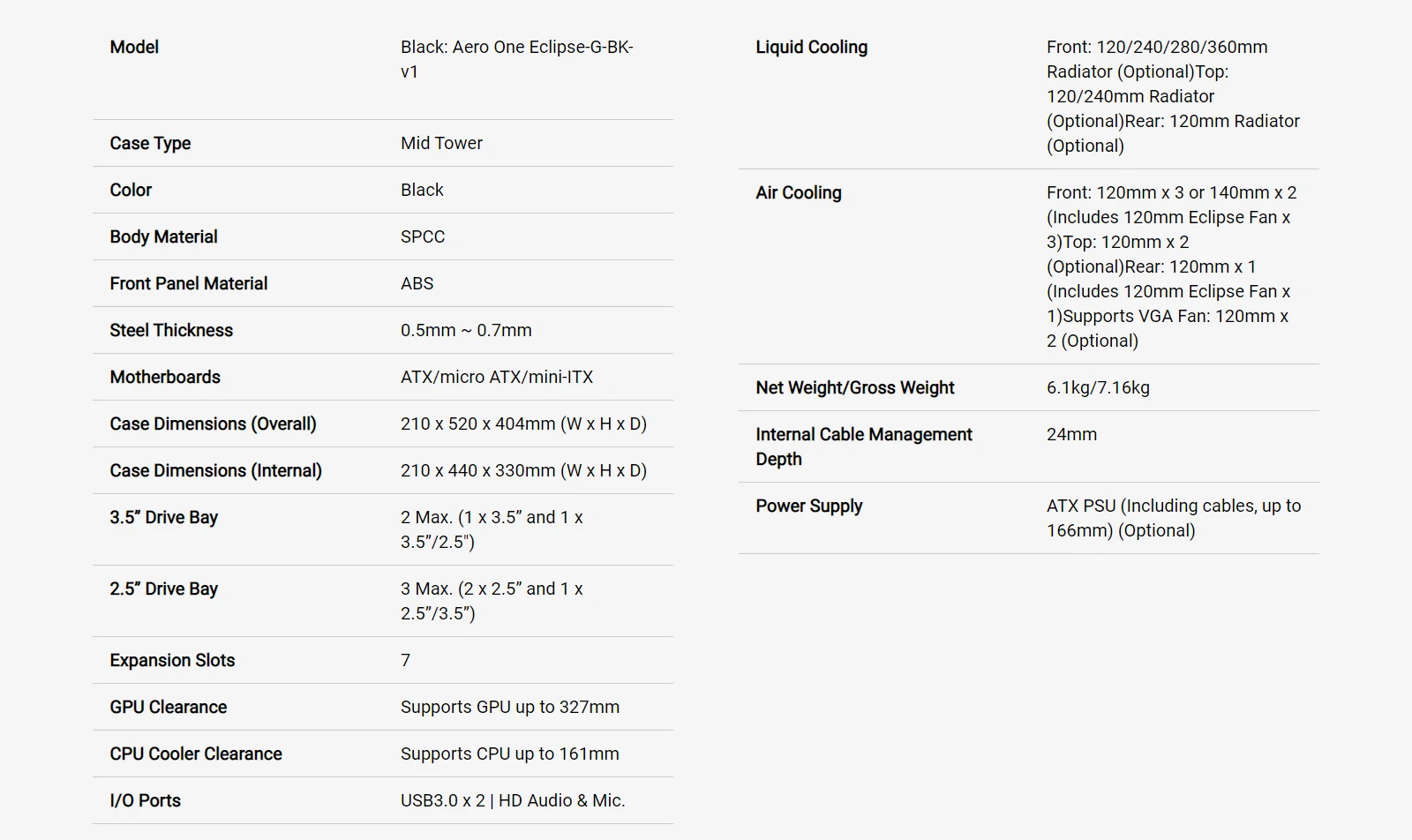 Specifications - Aerocool - Aero One Eclipse Tempered Glass Edition ARGB Mid Tower Chassis