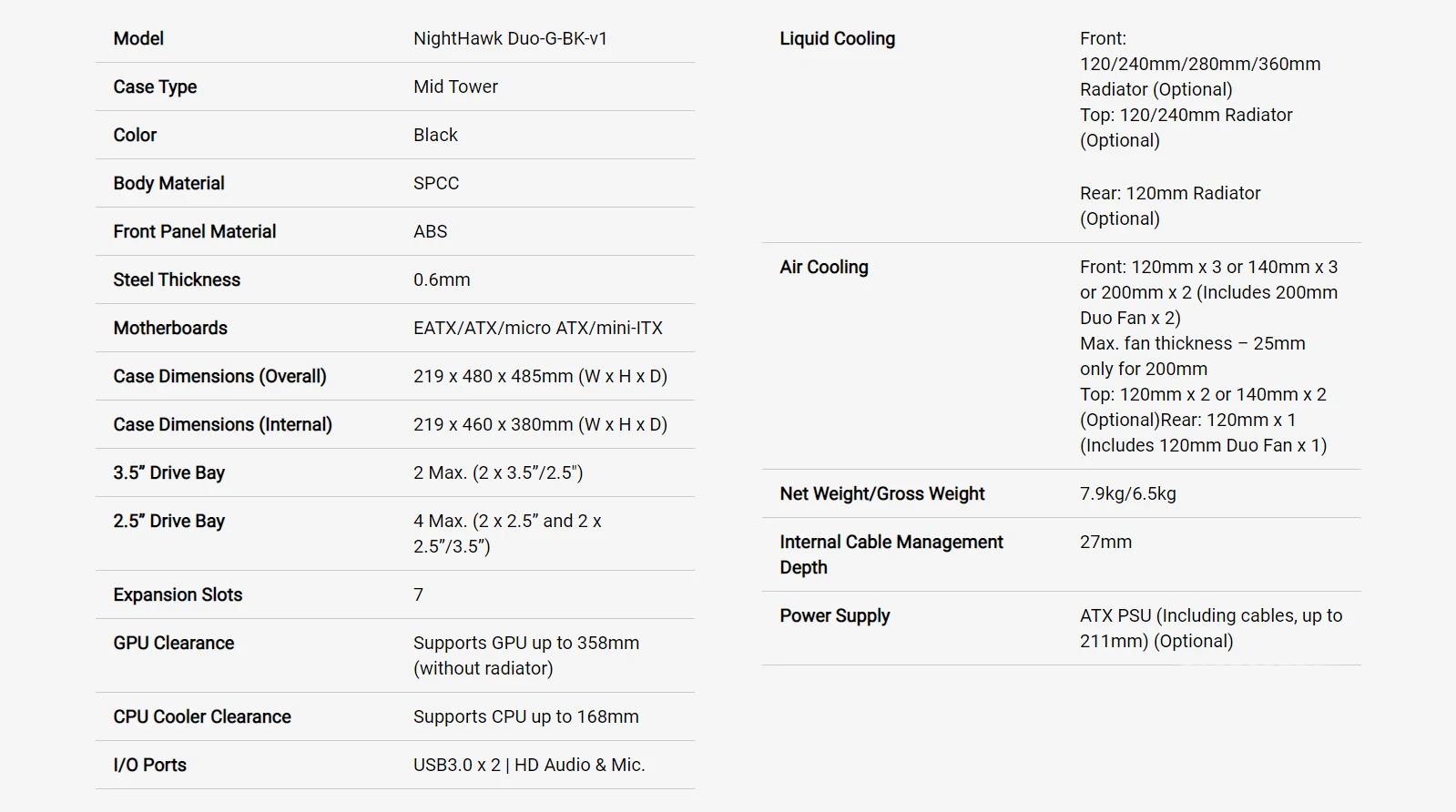 Specifications - Aerocool - NightHawk Duo Tempered Glass ARGB Mid Tower Chassis