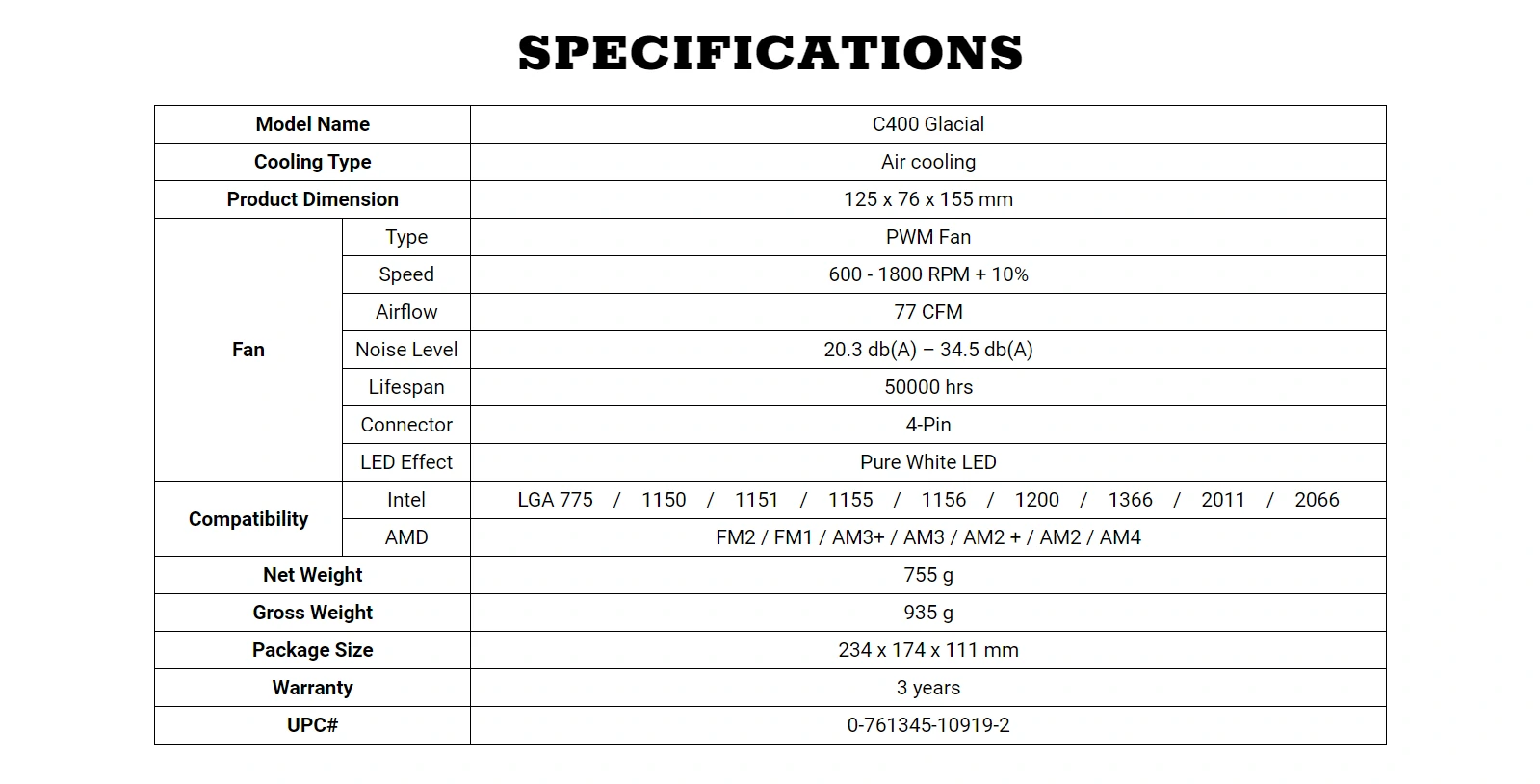 Specifications - Antec - C400 Glacial - CPU Cooler for Intel & AMD