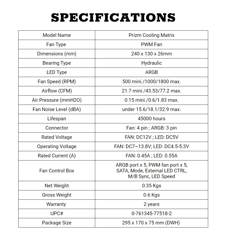 Specifications - Antec - Prizm ARGB Cooling Performance Fan Matrix