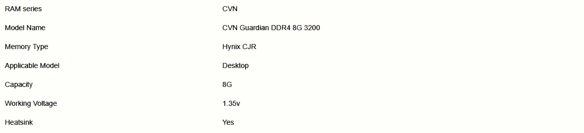 Specifications- Colorful - CVN Guardian DDR4 8G 3200
