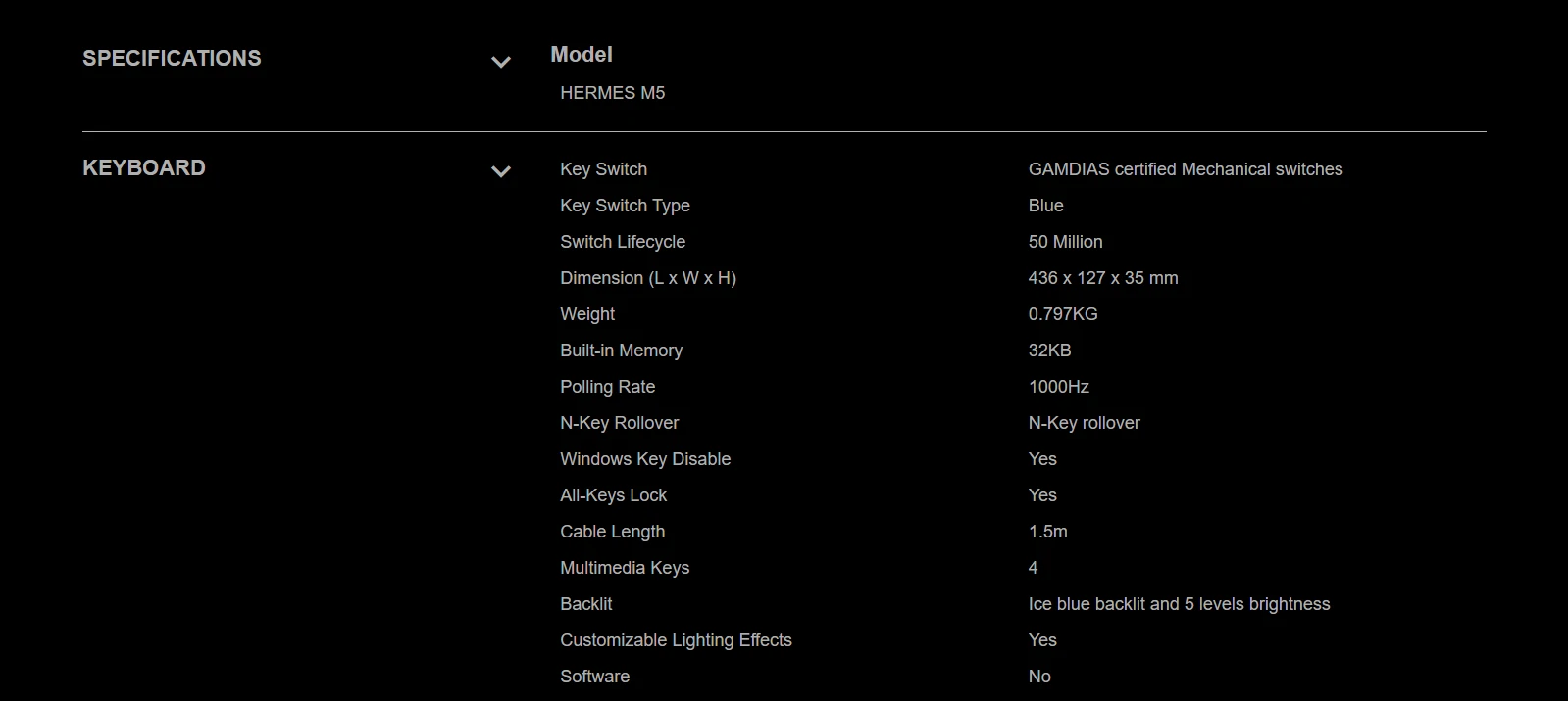 Specifications - Gamdias - Hermes M5 RGB Mechanical Gaming Keyboard