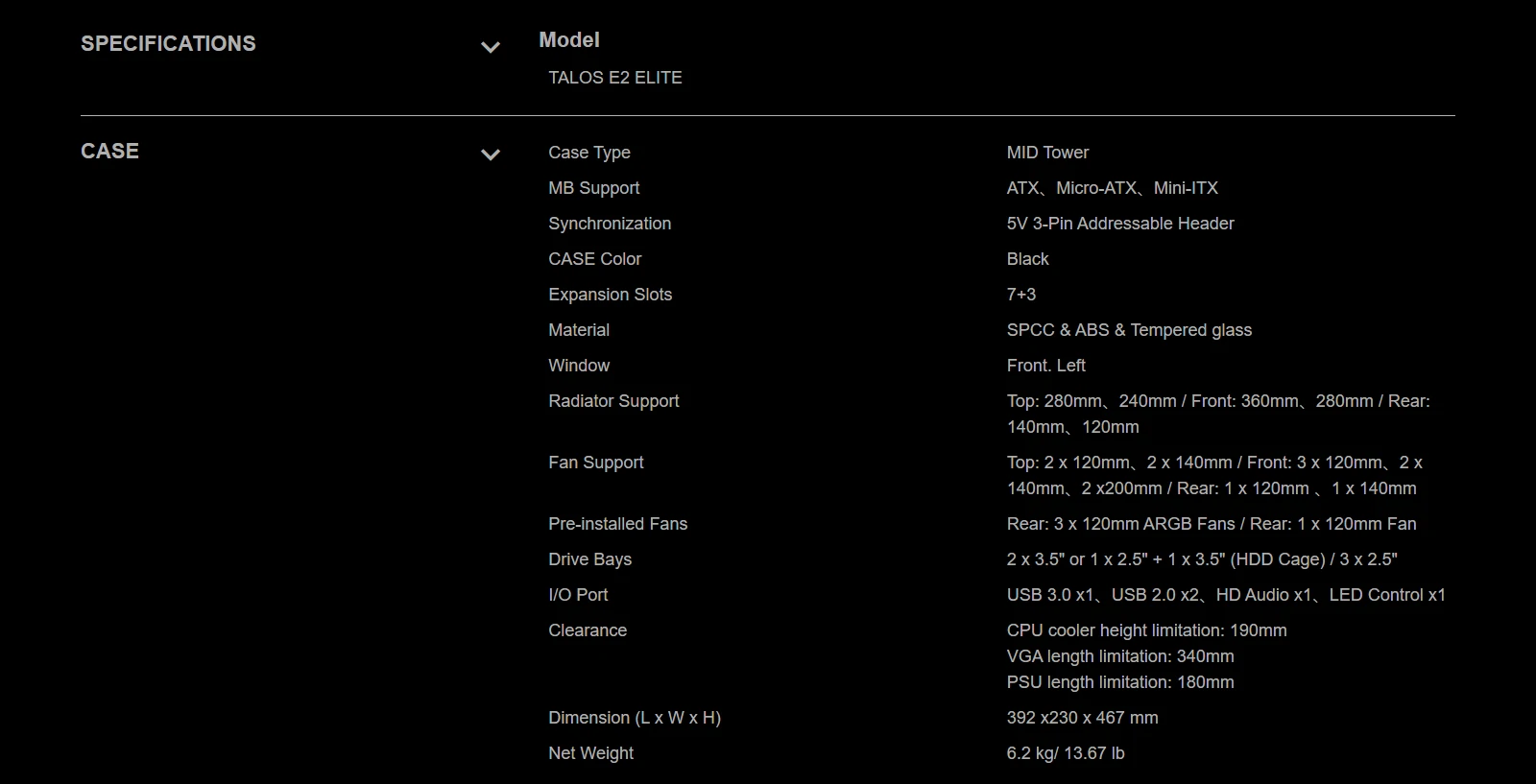 Specifications - Gamdias - Talos E2 Elite Tempered Glass RGB Mid-Tower Chassis (2)