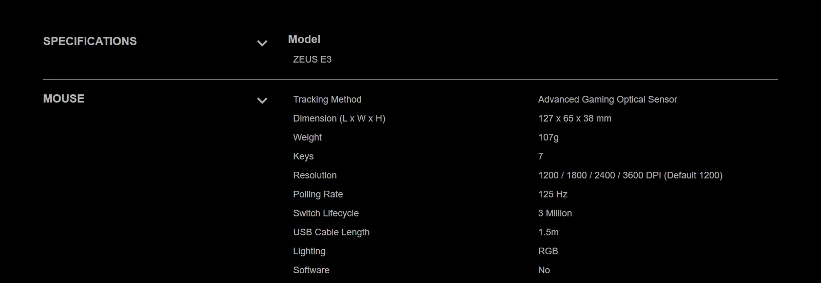 Specifications - Gamdias - Zeus E3 RGB Gaming Mouse