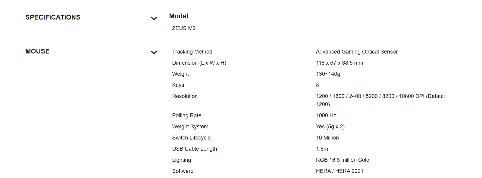 Specifications - Gamdias - Zeus M2 RGB Gaming Mouse
