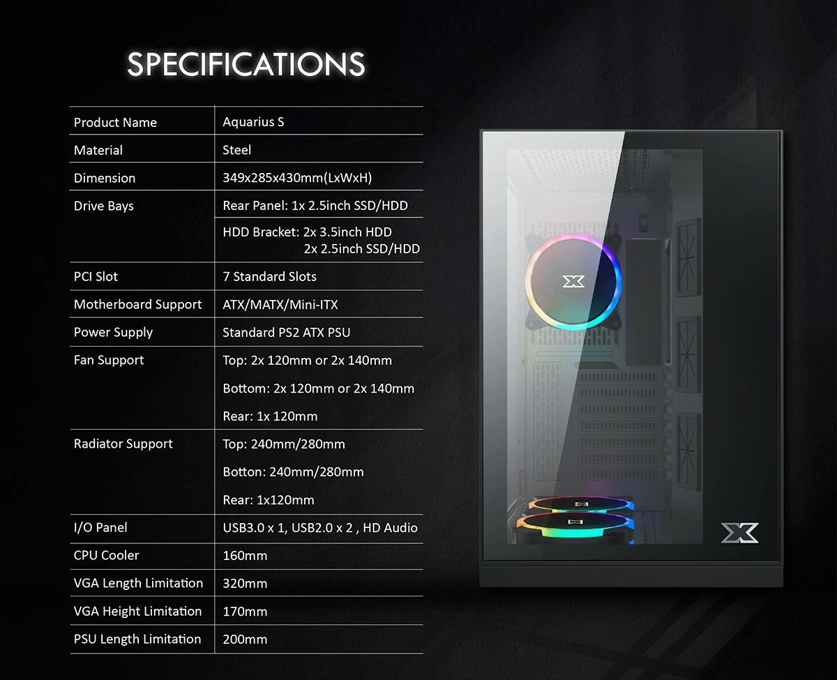 Specifications - Xigmatek - Aquarius S Black - Tempered Glass ARGB Mid Tower Chassis