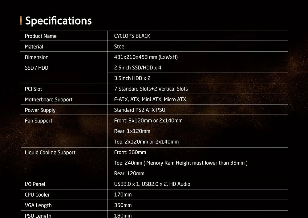 Specifications - Xigmatek - Cyclops - Black Tempered Glass ARGB Mid Tower Chassis