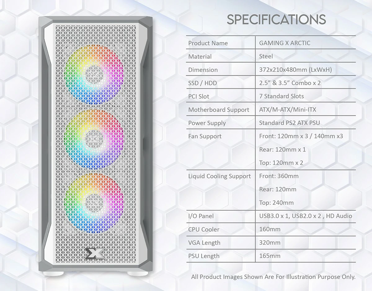 Specifications - Xigmatek - Gaming X Arctic - Tempered Glass ARGB Mid Tower Chassis