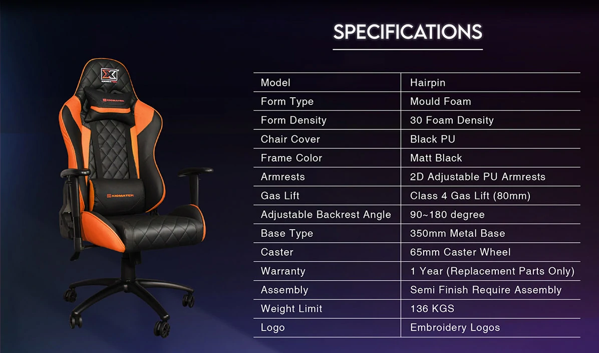 Specifications - Xigmatek - Hairpin Streamlined Series Gaming Chair - Orange