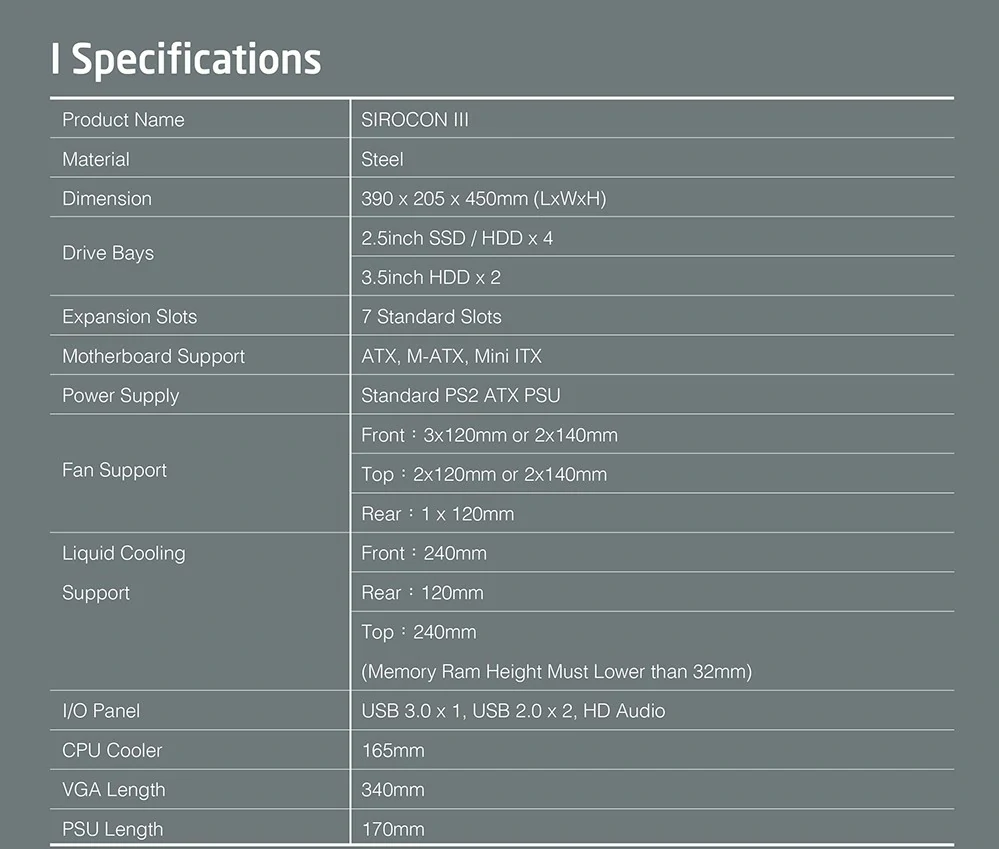 Specifications - Xigmatek - Sirocon III - Tempered Glass ARGB Mid Tower Chassis