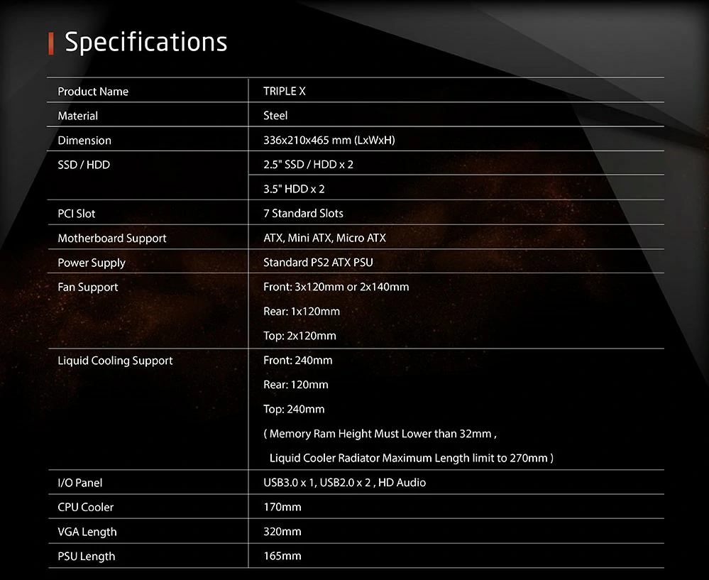 Specifications - Xigmatek - Triple X - Tempered Glass ARGB Mid Tower Chassis