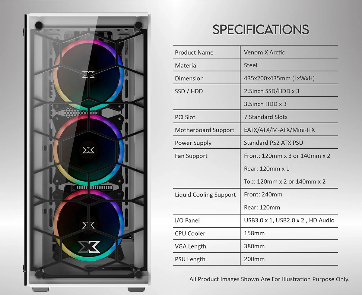 Specifications - Xigmatek - Venom X Arctic - Tempered Glass ARGB Mid Tower Chassis