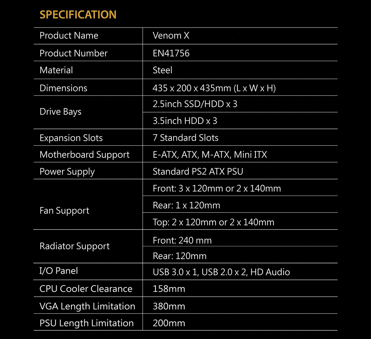 Specifications - Xigmatek - Venom X - Tempered Glass ARGB Mid Tower Chassis