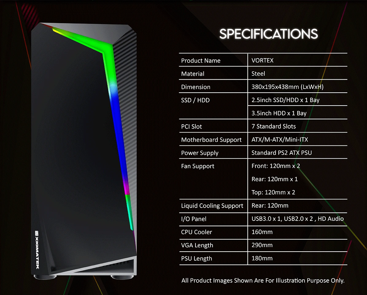 Specifications - Xigmatek - Vortex - Tempered Glass ARGB Mid Tower Chassis - Copy