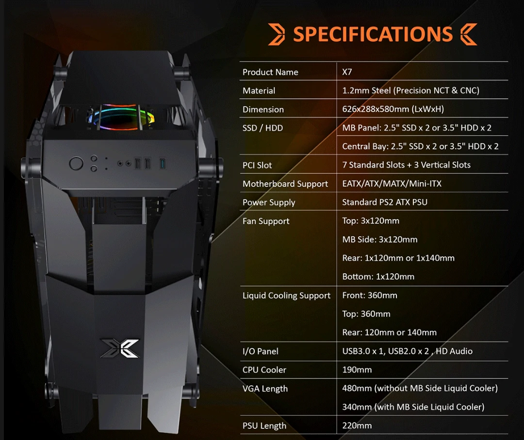 Specifications - Xigmatek - X7 Black - Tempered Glass ARGB Super Tower Chassis