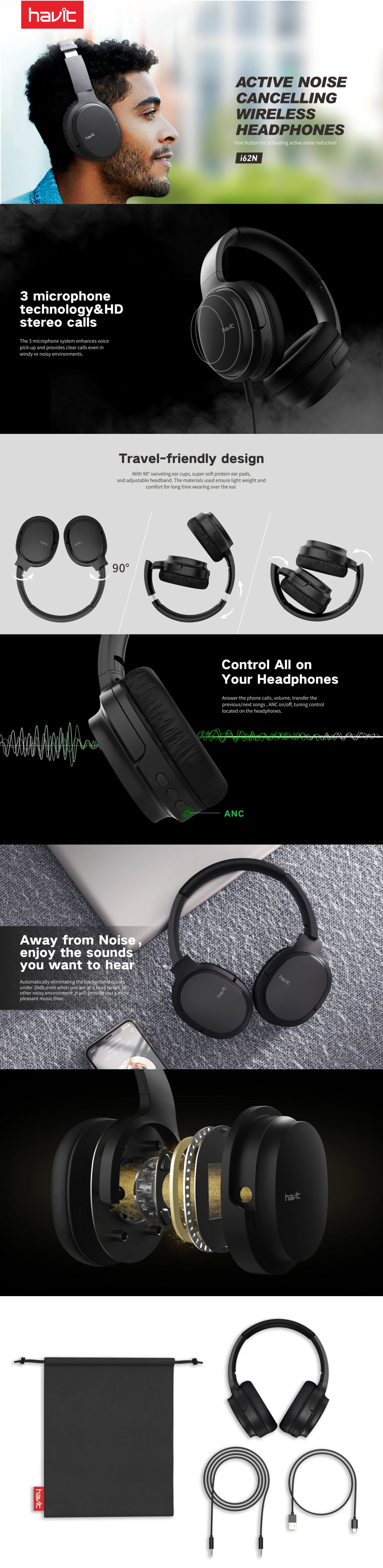 Overview - Havit - I62N Active Noise Cancelling Wireless Bluetooth Headset