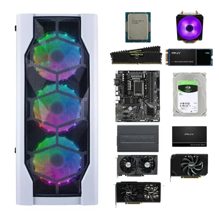 Intel i3-12100F Processor Chip + Cooler Master Hyper H410R CPU Cooler + Gigabyte H660M DS3H Motherboard + Corsair Vengeance LPX 16GB 3600mhz Ram + PNY CS900 2.5" SATA III 240GB SSD or PNY CS900 M.2 SATA III 250GB SSD + Seagate Barracude 1TB HDD + Palit RTX 3050 StormX or Palit RTX 3050 Dual OC or Gigabyte RTX 3050 Eagle GPU + Cougar VTK550 PSU + 1st Player DKD4 White Gaming Case