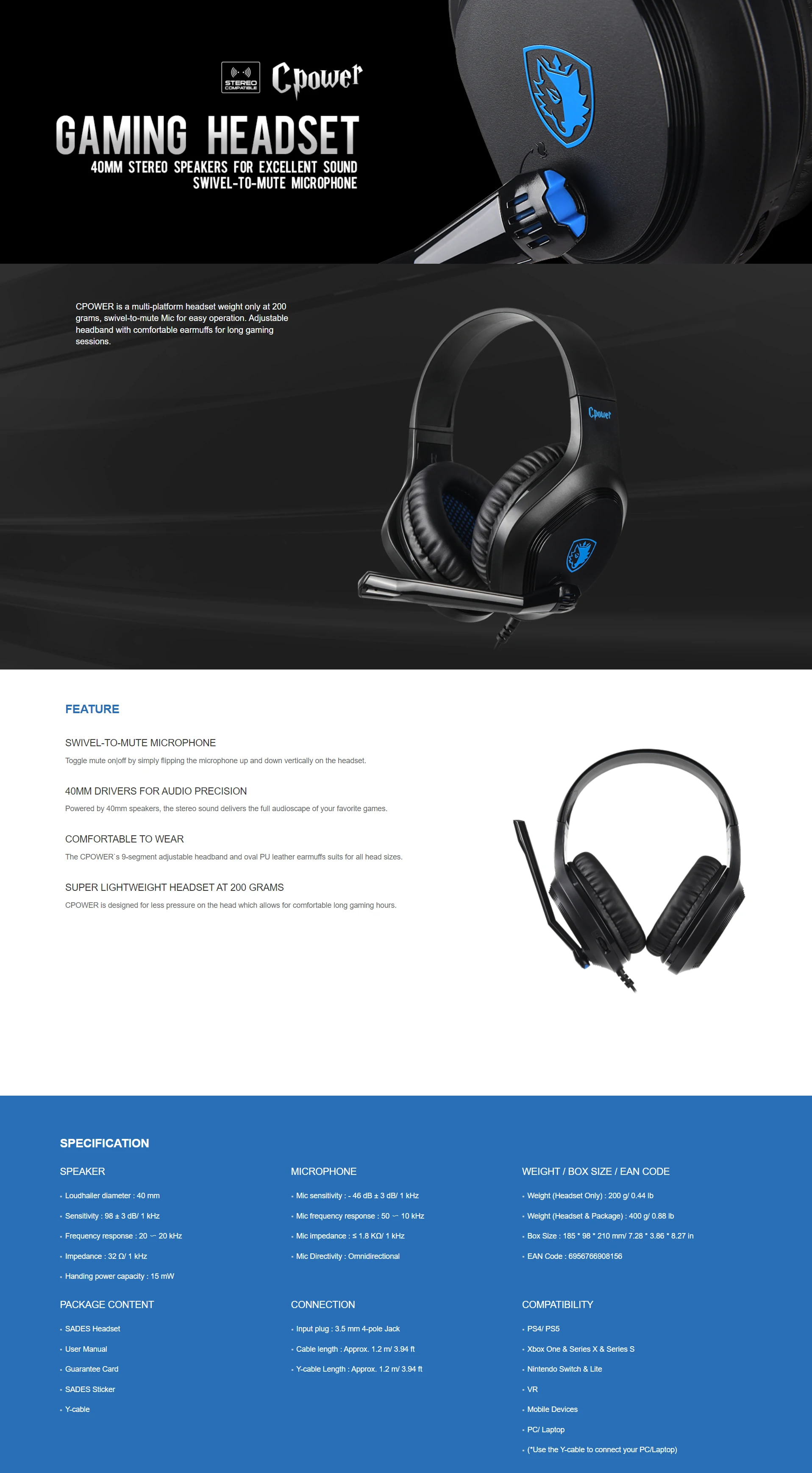 Overview - Sades Cpower Gaming Headset 3.5mm Stereo Sound Headphones